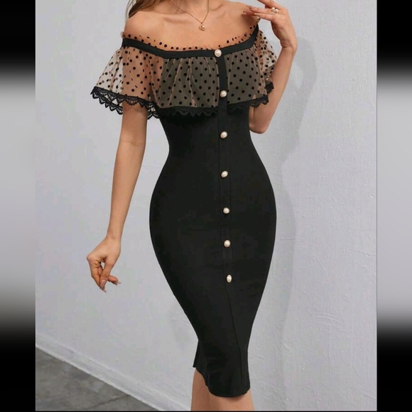 Wedding Guests Elegant Polka Mesh Off Shoulder Ruffle Trim Button Front Bodycon - Picture 1 of 4